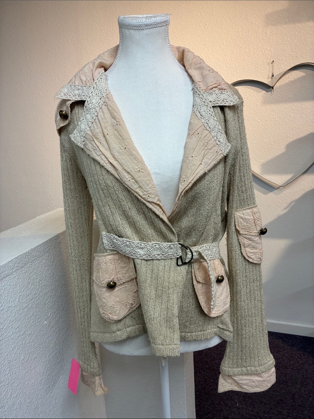 La Cite Paris Women’s Beige Knit Belted Jacket with Lace Trim Size M